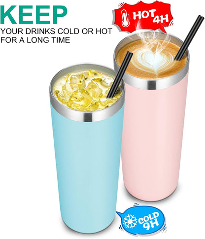 Stainless Steel Skinny Tumbler, 20 oz Vacuum Insulated Tumbler with Lid and Straw, Double Wall Coffee Cup, Travel Mug for Cold Hot Drinks, Light Pink