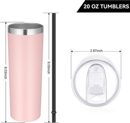 Stainless Steel Skinny Tumbler, 20 oz Vacuum Insulated Tumbler with Lid and Straw, Double Wall Coffee Cup, Travel Mug for Cold Hot Drinks, Light Pink