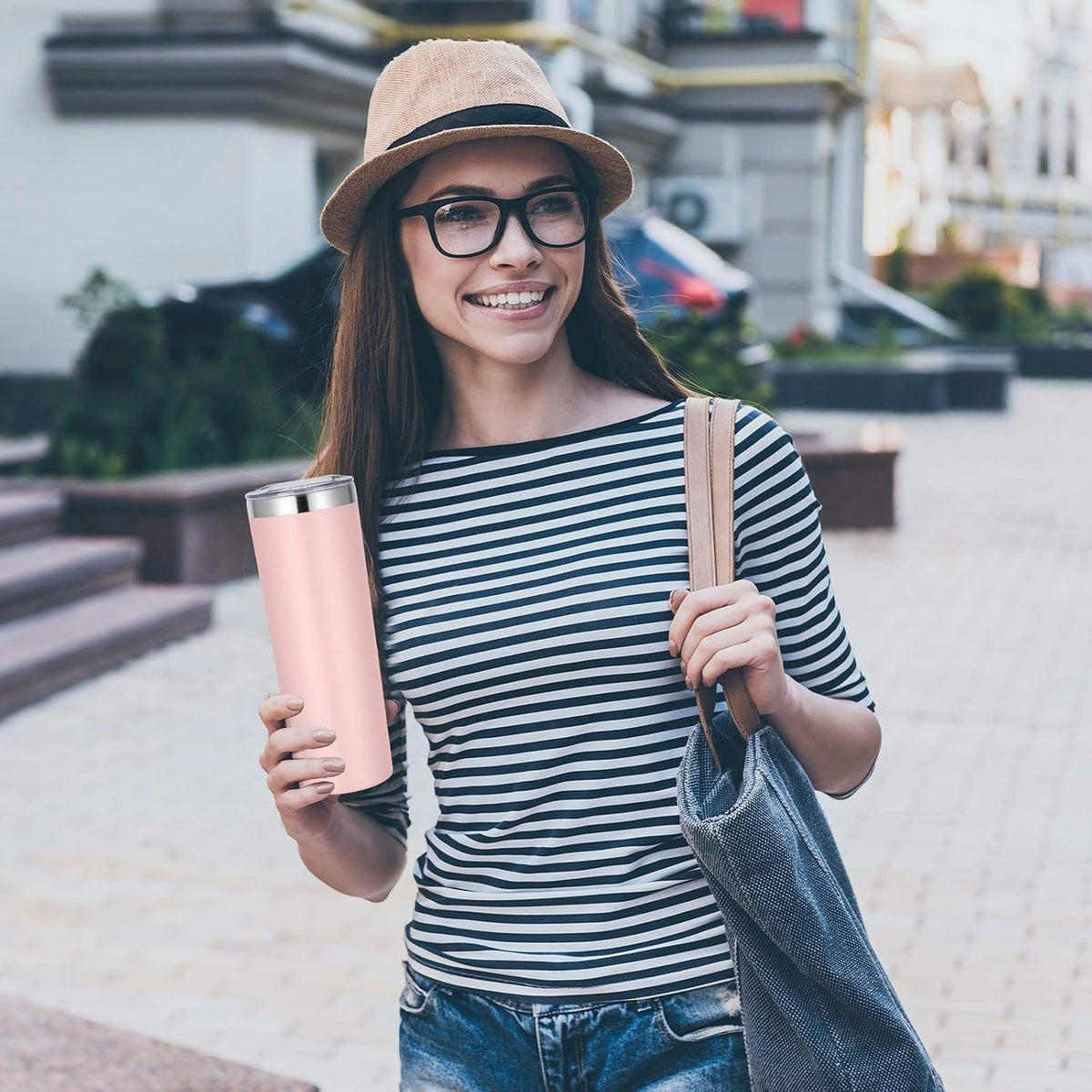 Stainless Steel Skinny Tumbler, 20 oz Vacuum Insulated Tumbler with Lid and Straw, Double Wall Coffee Cup, Travel Mug for Cold Hot Drinks, Light Pink
