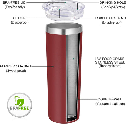 Stainless Steel Skinny Tumbler, 20 oz Vacuum Insulated Tumbler with Lid and Straw, Double Wall Coffee Cup, Travel Mug for Cold Hot Drinks, Light Pink