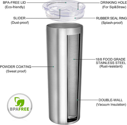 Stainless Steel Skinny Tumbler, 20 oz Vacuum Insulated Tumbler with Lid and Straw, Double Wall Coffee Cup, Travel Mug for Cold Hot Drinks, Light Pink