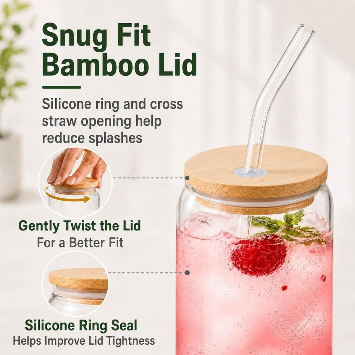 Glass Cups with Lids and Straws Set of 2 - Iced Coffee Cups with Lids for Cold Brew and Beer, 20 oz Can Shaped Glass with Bamboo Lids and Straws - Aesthetic Coffee Bar Gift for Coffee Lovers