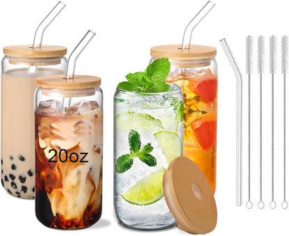 Glass Cups with Lids and Straws Set of 2 - Iced Coffee Cups with Lids for Cold Brew and Beer, 20 oz Can Shaped Glass with Bamboo Lids and Straws - Aesthetic Coffee Bar Gift for Coffee Lovers