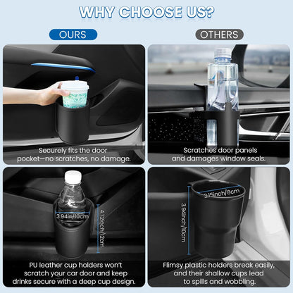 Car Door Cup Holder Clip On Side Door Pocket Water Bottle Coffee Drink Holders Storage Organizer Scratch-Resistant PU Leather Black 2 Pack