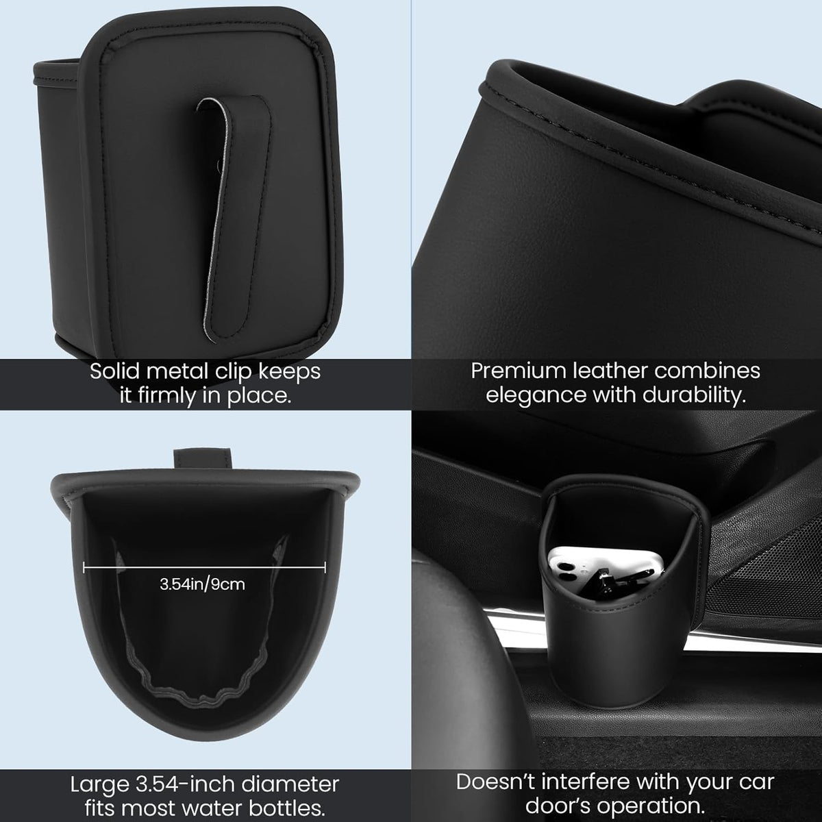 Car Door Cup Holder Clip On Side Door Pocket Water Bottle Coffee Drink Holders Storage Organizer Scratch-Resistant PU Leather Black 2 Pack