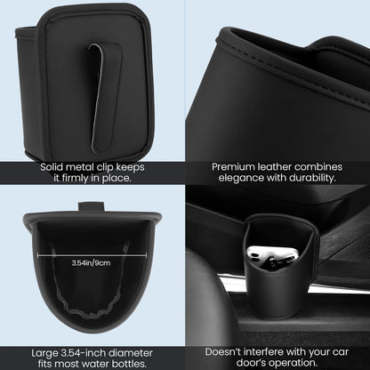 Car Door Cup Holder Clip On Side Door Pocket Water Bottle Coffee Drink Holders Storage Organizer Scratch-Resistant PU Leather Black 2 Pack