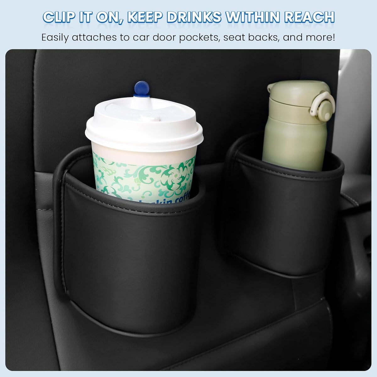 Car Door Cup Holder Clip On Side Door Pocket Water Bottle Coffee Drink Holders Storage Organizer Scratch-Resistant PU Leather Black 2 Pack
