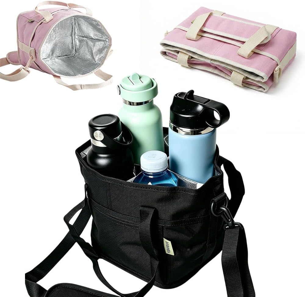 4 Compartment Drink Carrier Bag Family Size Insulated Water Bottle Holder & Tumbler Tote with Adjustable Strap Nylon Organizer Caddy with Front Pocket for Travel, Picnic No-Spill (Black)