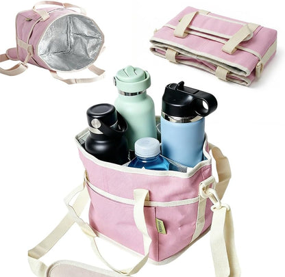 4 Compartment Drink Carrier Bag Family Size Insulated Water Bottle Holder & Tumbler Tote with Adjustable Strap Nylon Organizer Caddy with Front Pocket for Travel, Picnic No-Spill (Black)