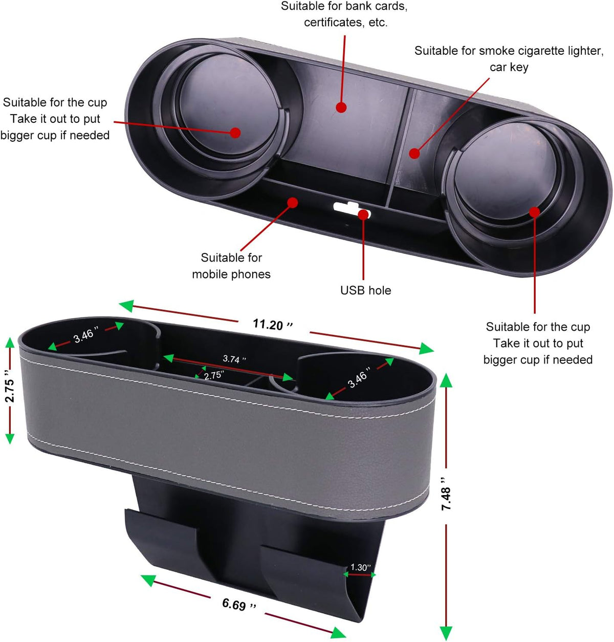 Car Console Side Seat Gap Organizer with Cup Holder, Black