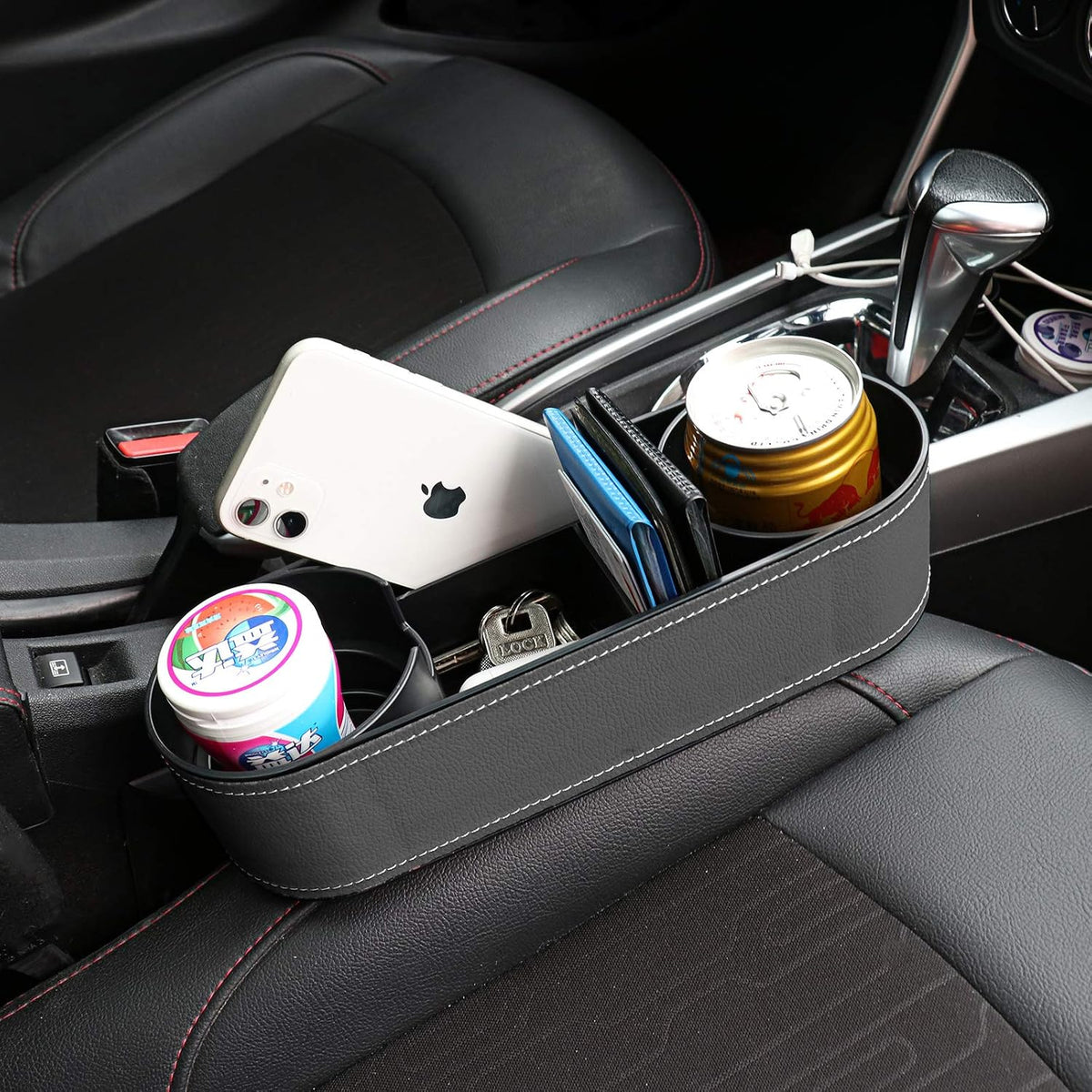 Car Console Side Seat Gap Organizer with Cup Holder, Black
