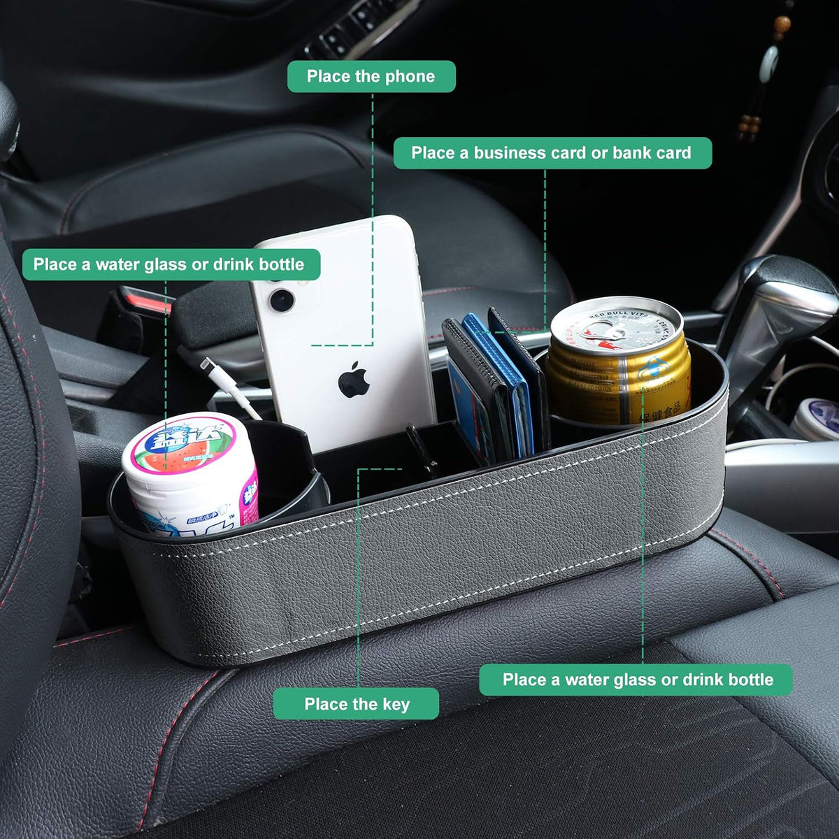 Car Console Side Seat Gap Organizer with Cup Holder, Black