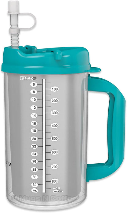 32 oz Double Wall Insulated Hospital Mug - Cold Drink Mug - Large Carry Handle - Includes Straw (1, Teal)