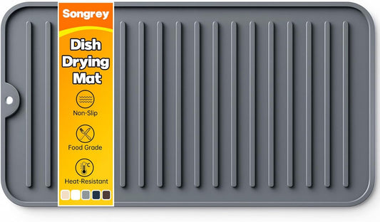 Silicone Dish Drying Mat for Kitchen Counter, 12" x 6.5", Dark Gray