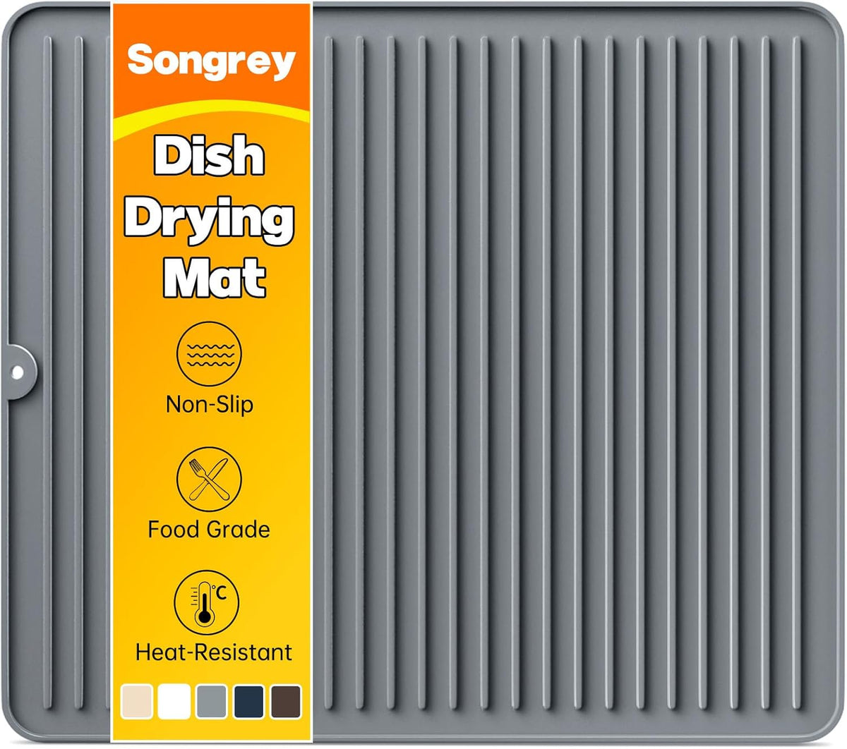 Silicone Dish Drying Mat for Kitchen Counter, 12" x 6.5", Dark Gray