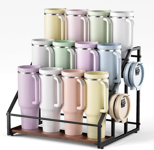 3-Tier Stanley Cup Rack with Lid Organizer, for 12 Tumblers, Natural Wood