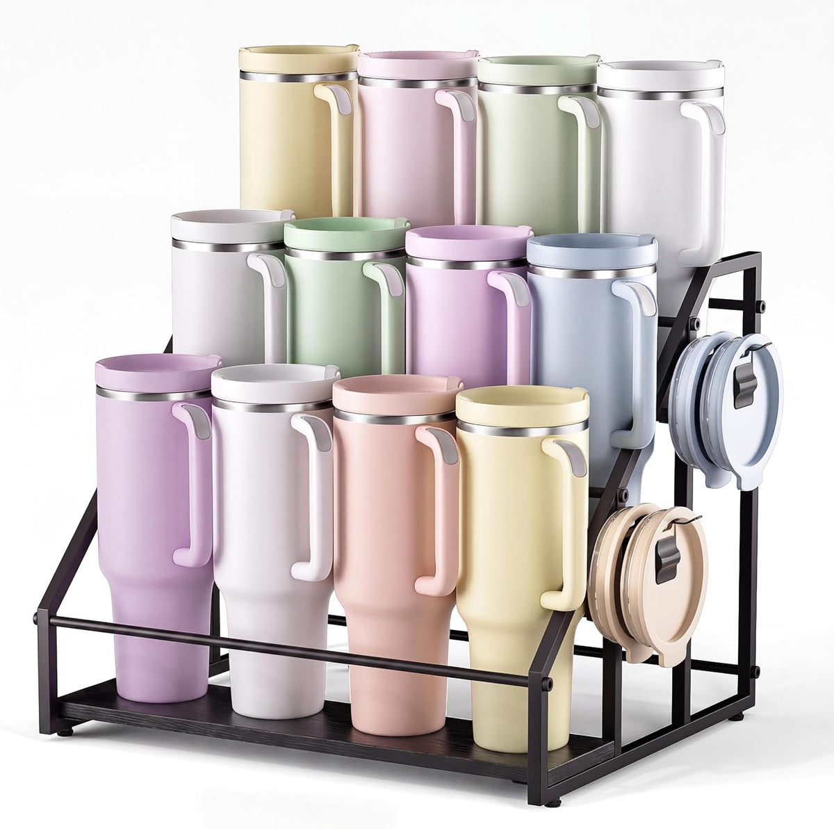 3-Tier Stanley Cup Rack with Lid Organizer, for 12 Tumblers, Natural Wood