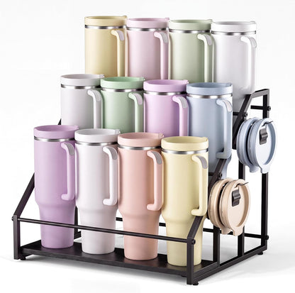 3-Tier Stanley Cup Rack with Lid Organizer, for 12 Tumblers, Natural Wood