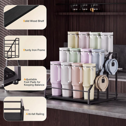 3-Tier Stanley Cup Rack with Lid Organizer, for 12 Tumblers, Natural Wood
