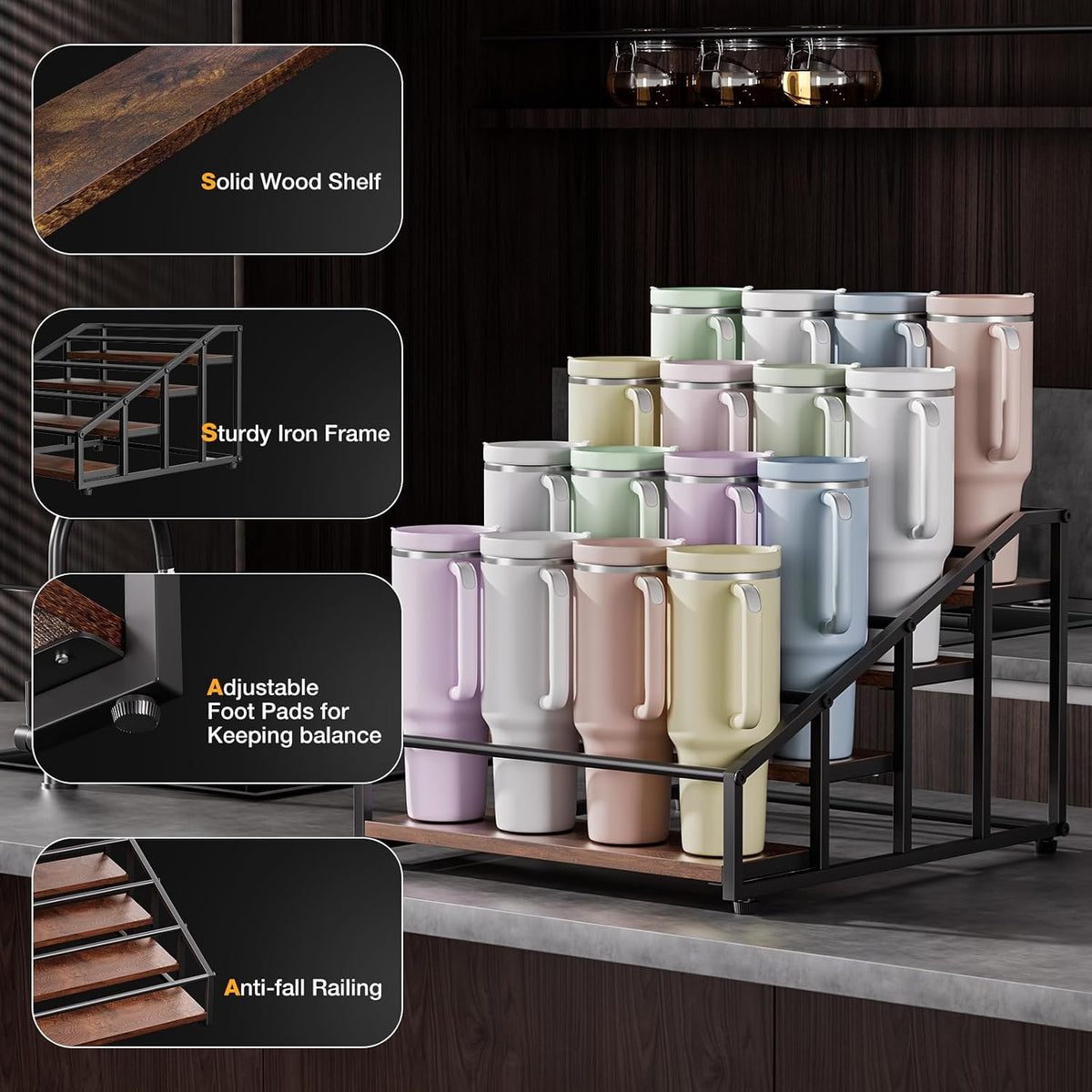 3-Tier Stanley Cup Rack with Lid Organizer, for 12 Tumblers, Natural Wood