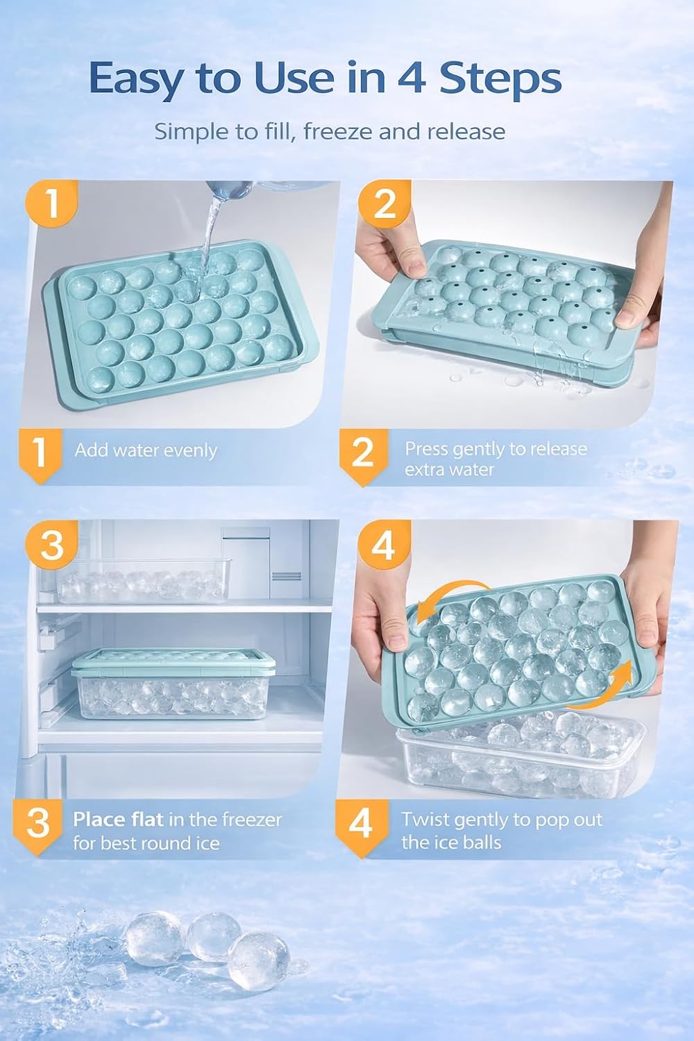 Ice Cube Tray with Lid and Bin, 1" Round Ice Trays for Freezer