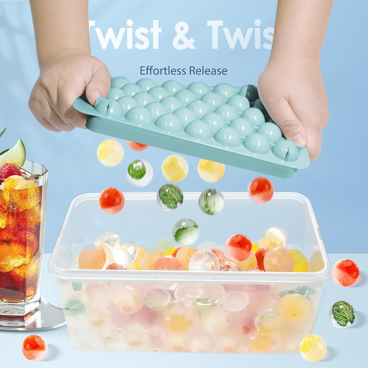 Ice Cube Tray with Lid and Bin, 1" Round Ice Trays for Freezer