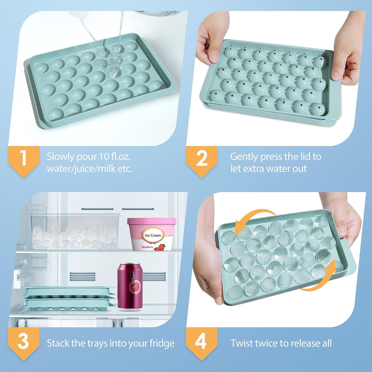 Ice Cube Tray with Lid and Bin, 1" Round Ice Trays for Freezer