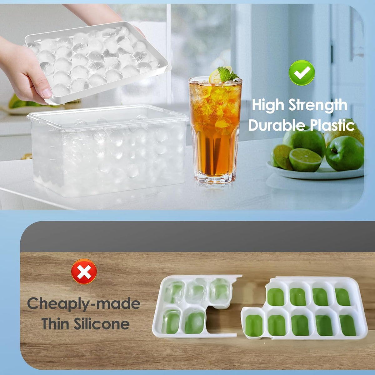 Ice Cube Tray with Lid and Bin, 1" Round Ice Trays for Freezer