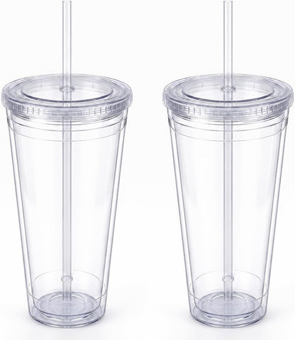 Zukro Clear Double Wall Plastic Tumbler with Lid and Straw 32 oz