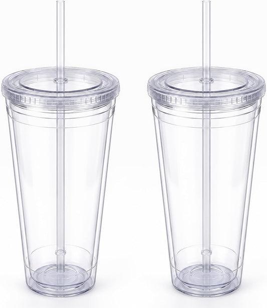 Zukro Clear Double Wall Plastic Tumbler with Lid and Straw 32 oz