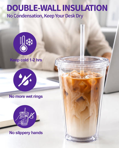 Zukro Clear Double Wall Plastic Tumbler with Lid and Straw 32 oz