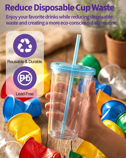 Zukro Clear Double Wall Plastic Tumbler with Lid and Straw 32 oz