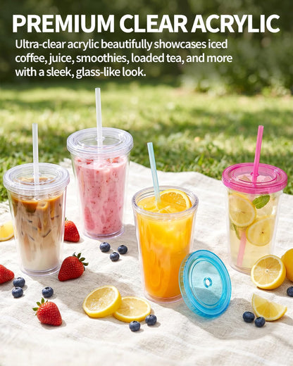 Zukro Clear Double Wall Plastic Tumbler with Lid and Straw 32 oz