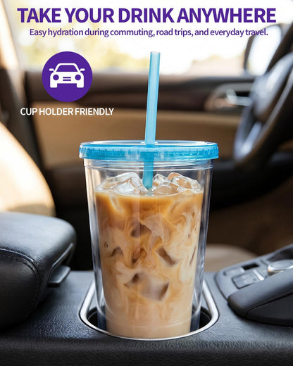 Zukro Clear Double Wall Plastic Tumbler with Lid and Straw 32 oz