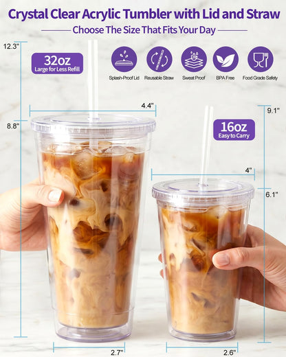Zukro Clear Double Wall Plastic Tumbler with Lid and Straw 32 oz