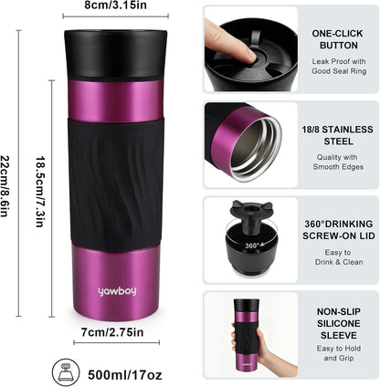 Travel Coffee Mug with 360°Lid, Travel Coffee Tumbler 16 oz Leak Proof, Stainless Steel Insulated Travel Mugs for Hot and Cold Spill Proof Leak Proof (Purple)