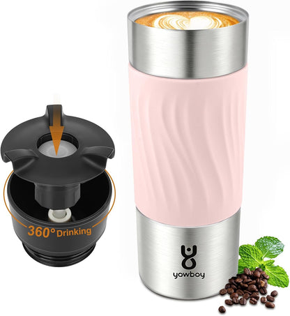 Travel Coffee Mug with 360°Lid, Travel Coffee Tumbler 16 oz Leak Proof, Stainless Steel Insulated Travel Mugs for Hot and Cold Spill Proof Leak Proof (Purple)