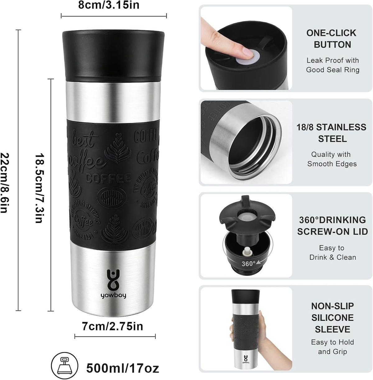 Travel Coffee Mug with 360°Lid, Travel Coffee Tumbler 16 oz Leak Proof, Stainless Steel Insulated Travel Mugs for Hot and Cold Spill Proof Leak Proof (Purple)