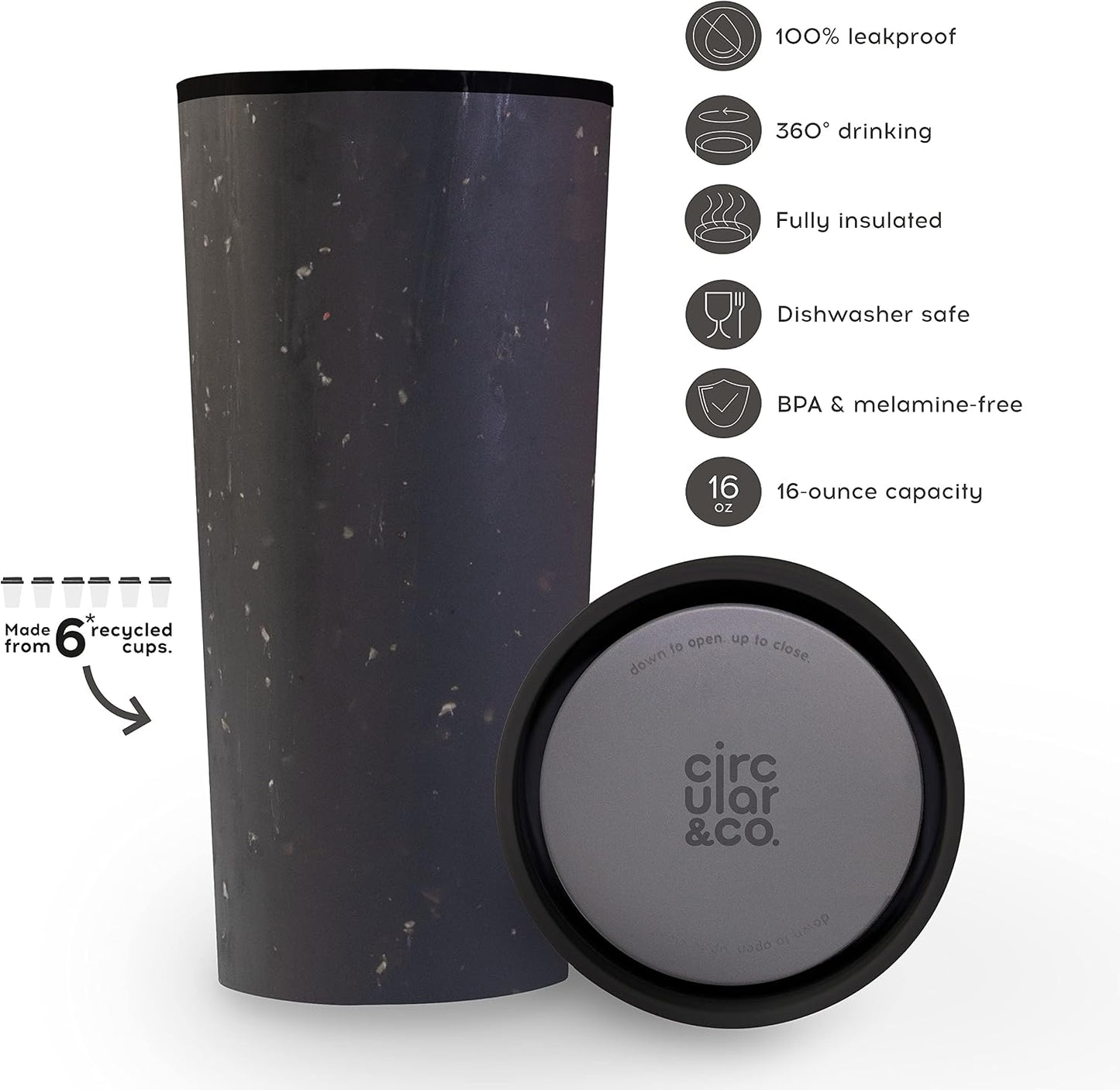 . Travel Mug (16oz) - The World's First Reusable Mug Made from Recycled Coffee Cups, 100% Leak-Proof, Sustainable & Insulated, Black on Cosmic Black