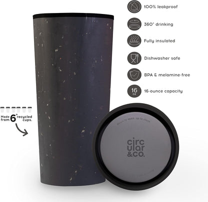 . Travel Mug (16oz) - The World's First Reusable Mug Made from Recycled Coffee Cups, 100% Leak-Proof, Sustainable & Insulated, Black on Cosmic Black