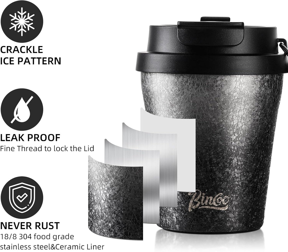 Insulated Coffee Mug with Lid, Travel Coffee Mug Tumble, Leakproof Travel Coffee Tumbler Cups, Gifts for Women Men Her Him,280ml (Black)