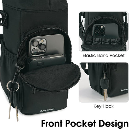 40oz Insulated Crossbody Water Bottle Bag Gym Hiking Phone Pocket | Water-resistant Lining, Padded Strap, Top Handle, Drawstring, Phone Pocket, Elastic Slots, Built-In Key Clip for Gym Walking
