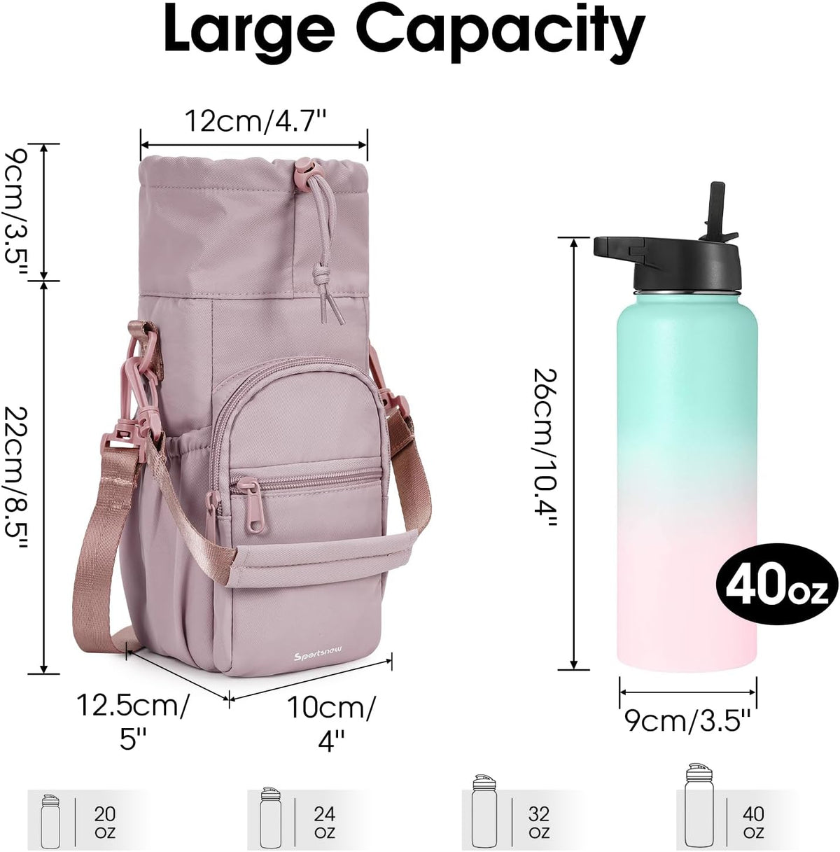 40oz Insulated Crossbody Water Bottle Bag Gym Hiking Phone Pocket | Water-resistant Lining, Padded Strap, Top Handle, Drawstring, Phone Pocket, Elastic Slots, Built-In Key Clip for Gym Walking