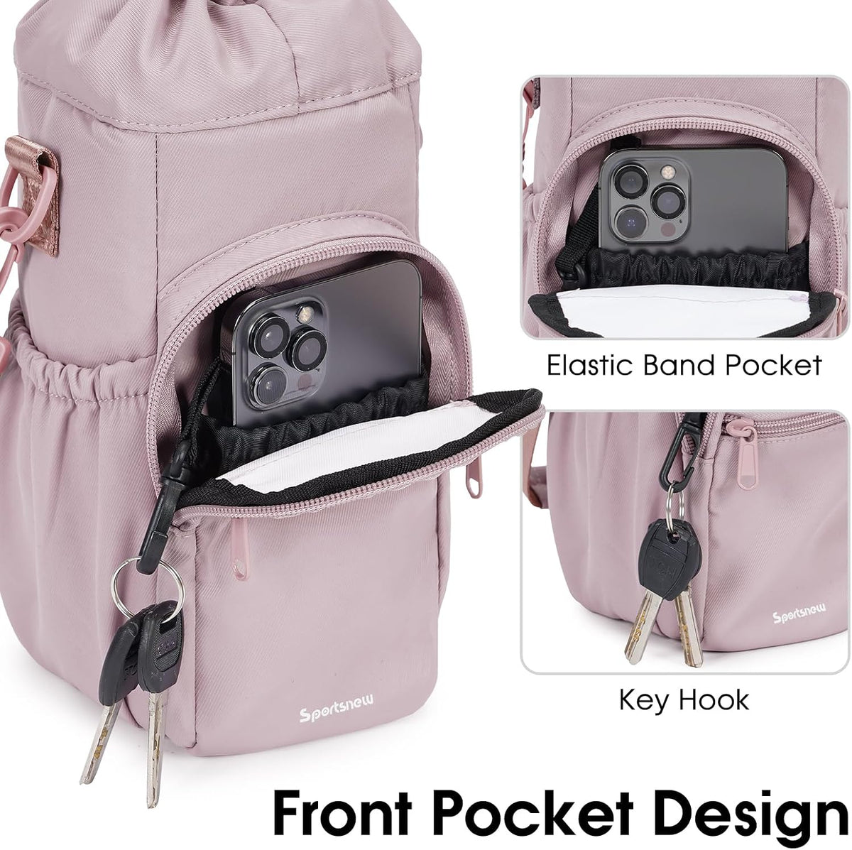 40oz Insulated Crossbody Water Bottle Bag Gym Hiking Phone Pocket | Water-resistant Lining, Padded Strap, Top Handle, Drawstring, Phone Pocket, Elastic Slots, Built-In Key Clip for Gym Walking