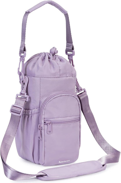 40oz Insulated Crossbody Water Bottle Bag Gym Hiking Phone Pocket | Water-resistant Lining, Padded Strap, Top Handle, Drawstring, Phone Pocket, Elastic Slots, Built-In Key Clip for Gym Walking