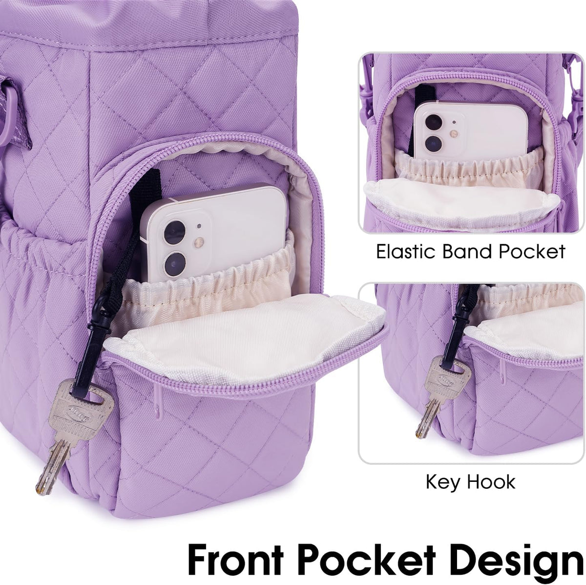 40oz Insulated Crossbody Water Bottle Bag Gym Hiking Phone Pocket | Water-resistant Lining, Padded Strap, Top Handle, Drawstring, Phone Pocket, Elastic Slots, Built-In Key Clip for Gym Walking