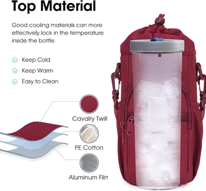 40oz Insulated Crossbody Water Bottle Bag Gym Hiking Phone Pocket | Water-resistant Lining, Padded Strap, Top Handle, Drawstring, Phone Pocket, Elastic Slots, Built-In Key Clip for Gym Walking