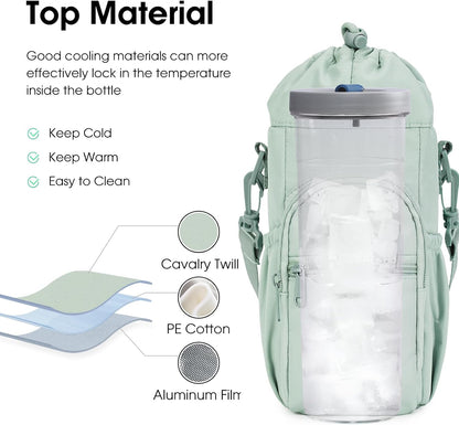40oz Insulated Crossbody Water Bottle Bag Gym Hiking Phone Pocket | Water-resistant Lining, Padded Strap, Top Handle, Drawstring, Phone Pocket, Elastic Slots, Built-In Key Clip for Gym Walking