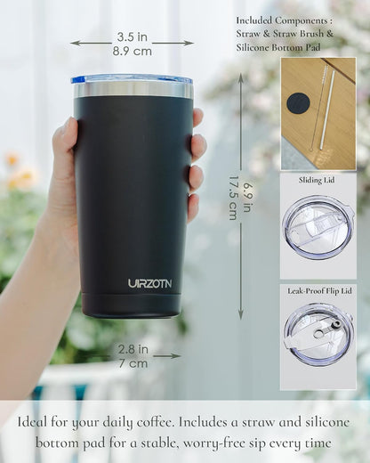 20oz Travel Coffee Tumbler, Insulated Travel Mug, Black | Includes 2 Lids & Straw, Stainless Steel, Vacuum Insulated, Fits Car Cup Holders, Hot & Cold Drinks, Reusable Cup