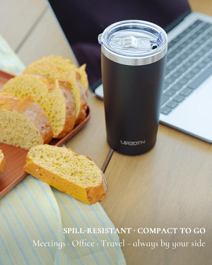 20oz Travel Coffee Tumbler, Insulated Travel Mug, Black | Includes 2 Lids & Straw, Stainless Steel, Vacuum Insulated, Fits Car Cup Holders, Hot & Cold Drinks, Reusable Cup